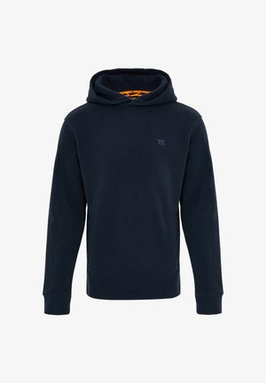 Marineblauwe fleece hoodie met een kangoeroezak, ribgebreide cuffs en een logo op de voorkant. Zachte textuur en een relaxte pasvorm. Oranje accenten binnenin de capuchon.
