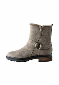 Graue Wildleder-Ankle Boots mit Kunstpelzbesatz, seitlichem Schnallen-Detail, runder Spitze, Gummisohle und einem blockartigen Holzabsatz.