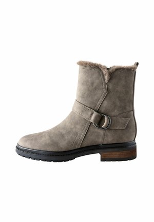 Gray suede ankle boot with a faux fur trim, side buckle detail, round toe, rubber sole, and a stacked wooden heel.