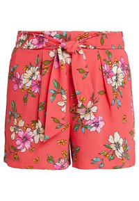 Pantaloni corti floreali in tessuto corallo con vita legata, fiori rosa e bianchi vivaci e foglie verdi, con una finitura leggera e testurizzata.