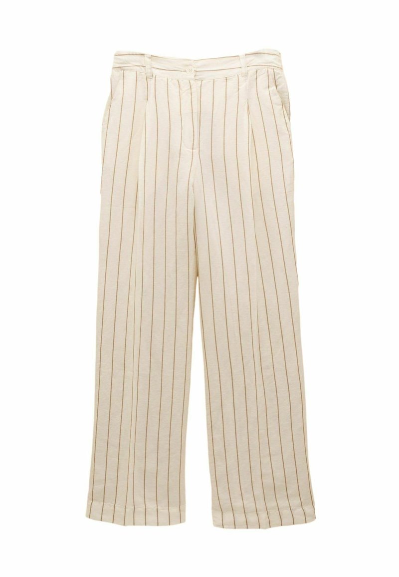Pantaloni de culoare crem cu dungi subțiri verticale maro. Prezintă un design cu picioare largi, pliuri în față și o talie standard.