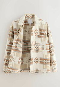 Krämfärgad skjortjacka med geometriska mönster i rödbrunt, grått och beige. Designad med krage, knappar och ett strukturerat tyg.