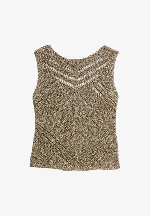 Débardeur en tricot sans manches en fil métallique doré, présentant un motif géométrique et un design à mailles ouvertes, avec un col rond et une finition texturée.