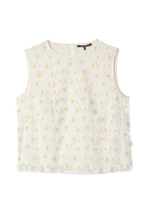 Sleeveless white top with round neckline, decorated with small 3D daisy flowers with yellow centers, button closure at back.
