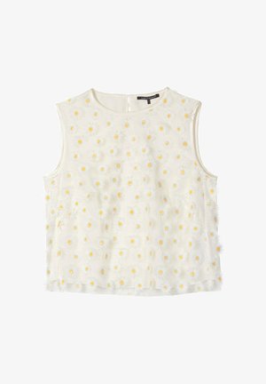 Sleeveless white top with round neckline, decorated with small 3D daisy flowers with yellow centers, button closure at back.