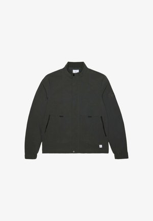 Veste vert foncé avec fermeture éclair avant et boutons-pression, deux poches zippées, poignets élastiques et col montant.