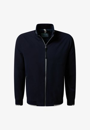 Marineblaue Jacke mit Reißverschluss, Stehkragen, langen Ärmeln, Frontreißverschluss und dezenten weißen Abschlüssen an Bündchen und Saum.