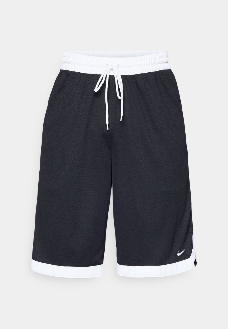 Pantalones cortos deportivos negros con una cinturilla elástica blanca y cordón. Presenta detalles blancos en el dobladillo y un pequeño logo en la parte baja de la pierna.