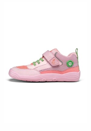 Pink athletic shoe with suede and mesh upper, featuring green laces, Velcro strap, and textured rubber sole. Green logo accent on heel.