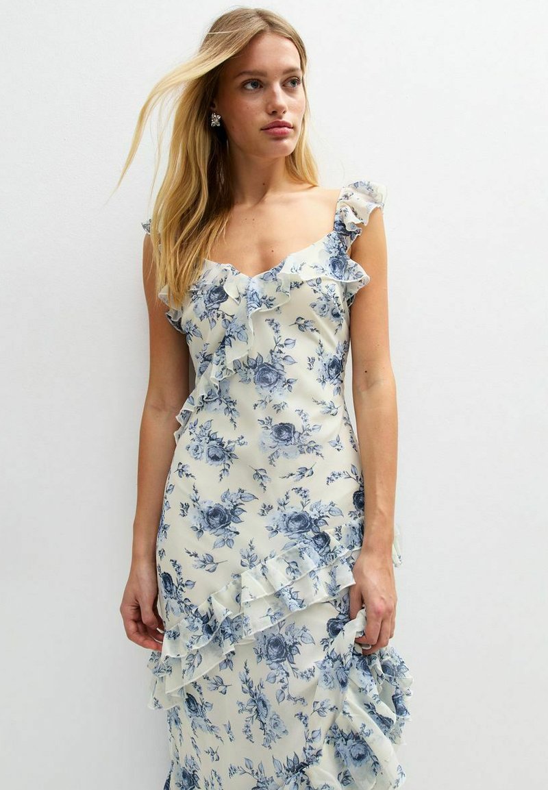 knee length dresses for ladies Blue Flowers on Navy Mona Midi Dress