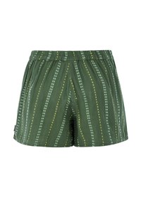 Shorts verts en tissu léger, avec des rayures verticales blanches et jaunes. Taille élastique et coupe décontractée.