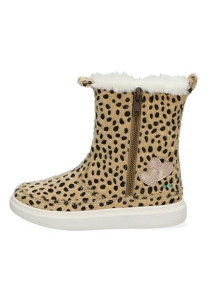 Leopard print ankle boots made of faux fur, with a white faux fur collar, side zipper, and a pink leather heart patch detail. White rubber sole.