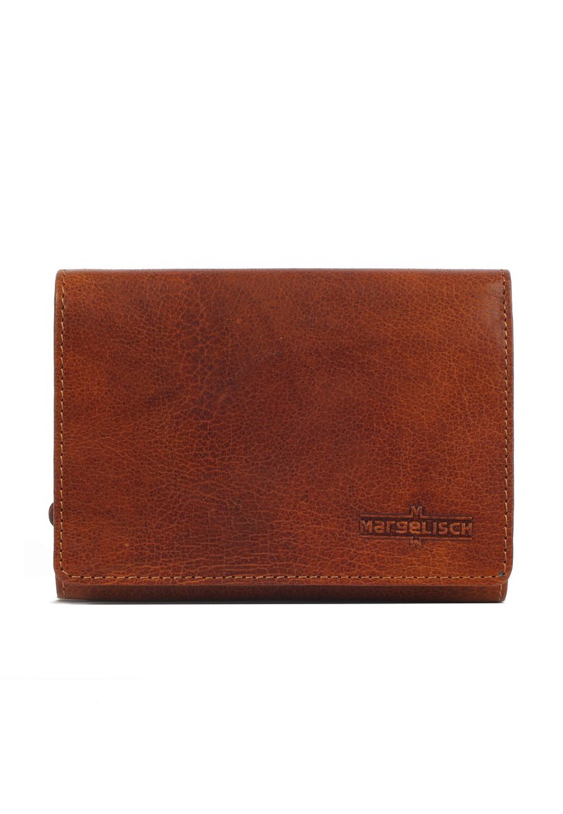 Brown leather wallet with textured surface, stitched edges, and embossed logo on the front. Compact rectangular design.