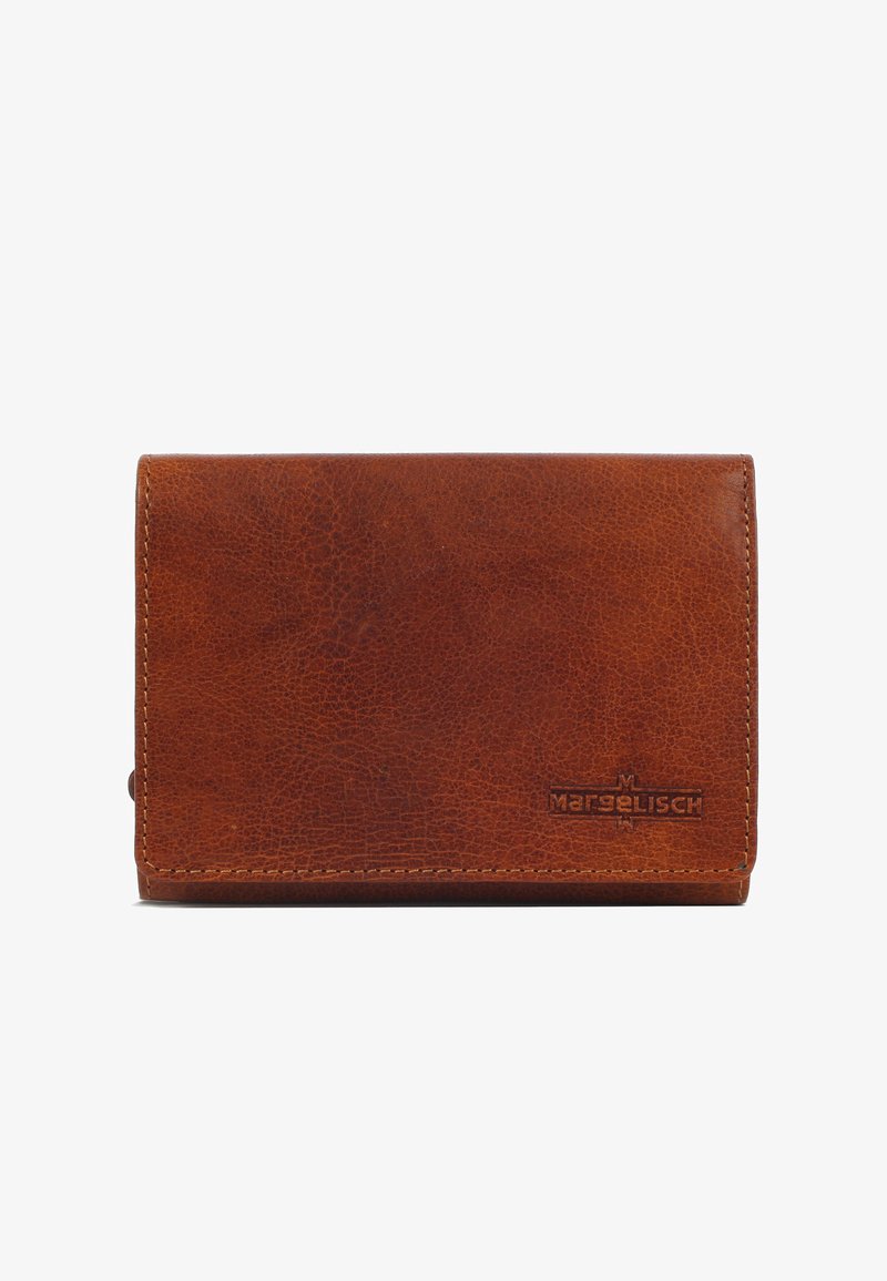 Brown leather wallet with textured surface, stitched edges, and embossed logo on the front. Compact rectangular design.