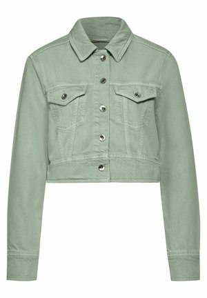 Gekürzte, hellgrüne Denimjacke mit Kragen, vorderem Knopfverschluss und zwei Brusttaschen. Mit silbernen Metallknöpfen und strukturiertem Stoff.