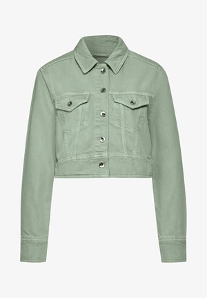 Chaqueta de mezclilla verde claro, recortada, con cuello, cierre frontal de botones y dos bolsillos en el pecho. Presenta botones de metal plateado y una tela texturizada.