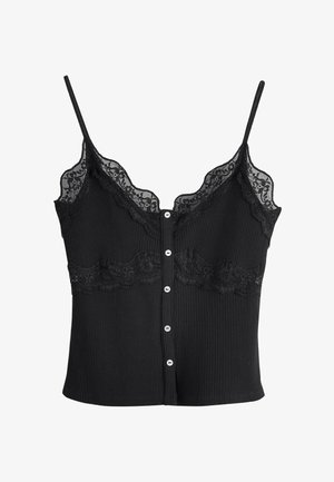 Fekete bordázott, ujjatlan trikó vékony pántokkal, csipkével díszített nyakkivágással és a mellek alatt, elöl hat fehér gombbal záródik.