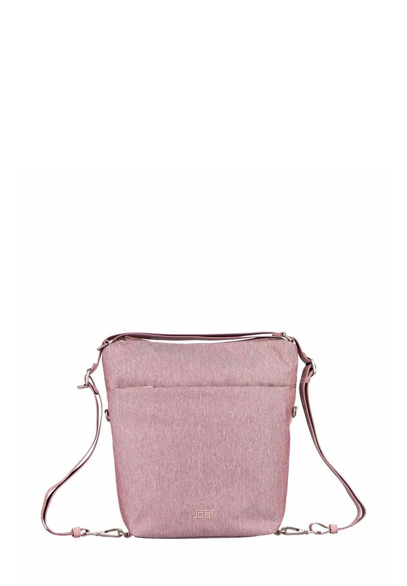 Sac à épaule en tissu rose avec fermeture éclair sur le dessus, poche avant et bandoulière réglable. Texture lisse et design minimaliste ; logo à l'avant.