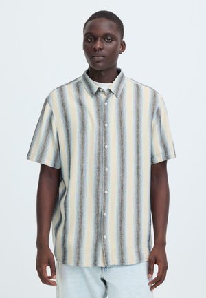 Korte mouwen overhemd met knopen, uitgevoerd in verticale strepen in zachte pasteltinten, een mix van beige, blauw en grijs; lichtgewicht stof.