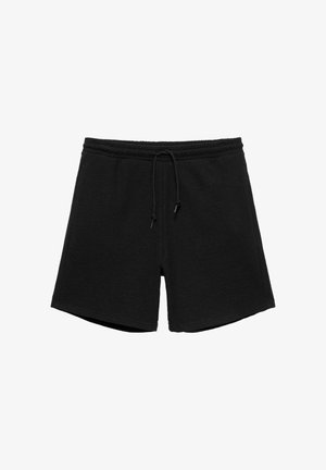 Sorte casual shorts med elastisk talje og justerbar snøre, lavet af tekstureret stof, velegnet til fritid eller sportstøj.