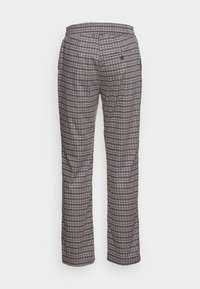 Mönstrade byxor i vävt tyg i beige med blå rutmönster och elastisk midja, med en enda bakficka och knapppDetail.