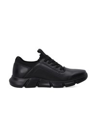 Schwarze Sportschuhe aus glattem Leder mit runder Zehenpartie, Schnürdesign und einer dicken, konturierten Gummisohle.