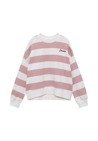 Felpa a righe rosa e bianca con design cropped e polsini a costine, caratterizzata dalla scritta "Dreamer" ricamata in rosso scuro sul davanti.