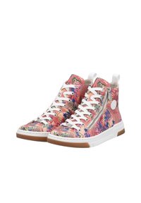 Baskets montantes en toile à motif floral, avec des lacets blancs, une fermeture éclair sur le côté et une semelle en caoutchouc blanche avec un dessous en brun.