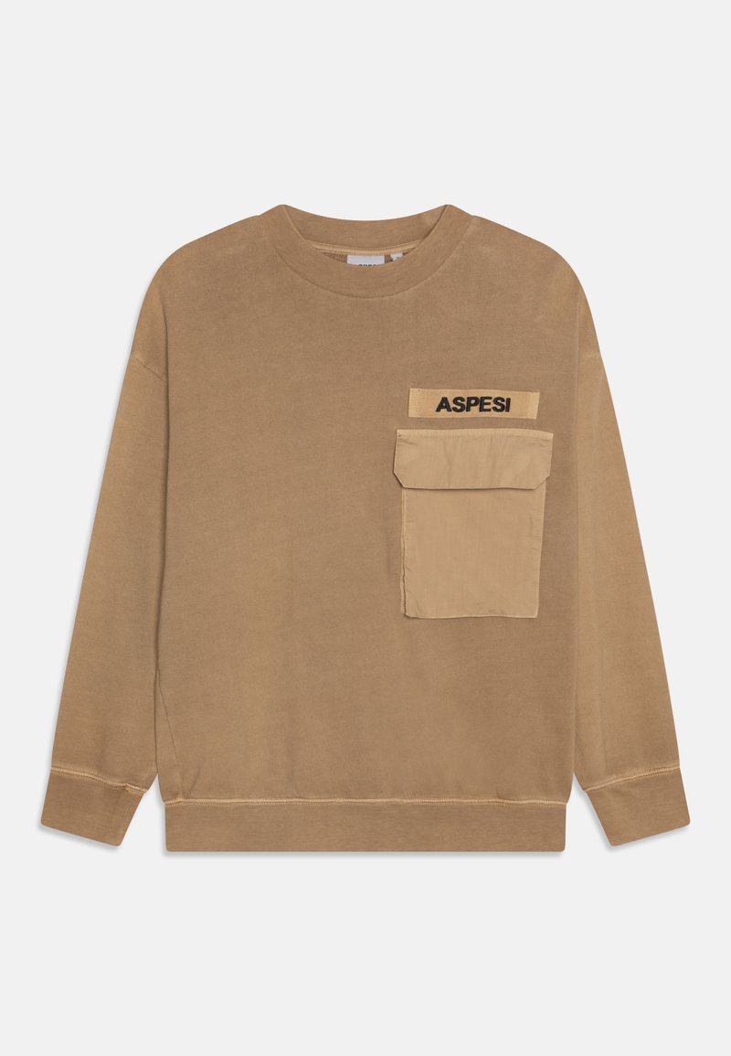Sweatshirt beige à manches longues avec une grande poche avant et une étiquette en tissu au-dessus portant "ASPESI" en lettres noires.
