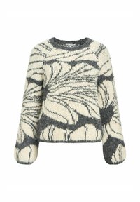 Sweter dziergany w kolorze kremowym i ciemnoszarym z dużymi wzorami kwiatowymi, okrągłym dekoltem, długimi rękawami oraz miękkim, teksturowanym wykończeniem.