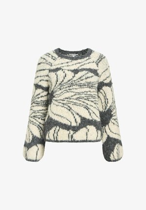 Maglione lavorato a maglia in crema e grigio scuro con grandi motivi floreali, scollo rotondo, maniche lunghe e una finitura morbida e testurizzata.