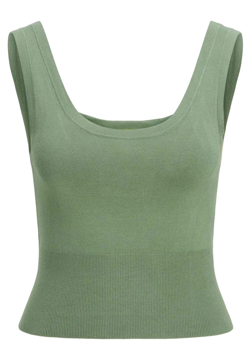Groen gebreide mouwloze cropped top met brede schouderbanden en een vierkante halslijn.