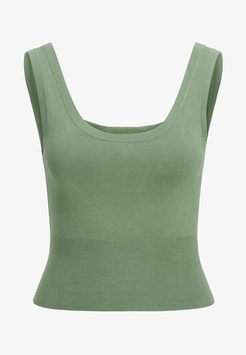 Groen gebreide mouwloze cropped top met brede schouderbanden en een vierkante halslijn.