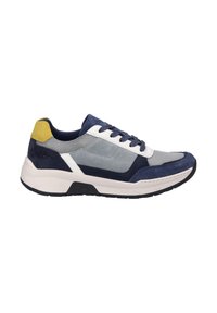 Men's sneaker featuring a mixed material design of navy suede, gray mesh, and white accents, with a textured, lightweight sole and yellow heel detail.