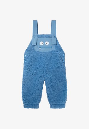 Niebieskie, futrzaste ogrodniczki dla malucha z regulowanymi ramiączkami, przednią kieszenią na zamek i zabawnymi oczkami nad kieszenią, przypominającymi twarz.