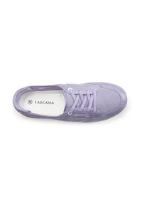 Lavender athletic shoe with mesh and textile upper, featuring six eyelets, round toe, and cushioned insole with logo.