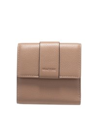 Beige leather wallet with a textured finish, featuring a front flap closure and embossed brand name, compact rectangular shape.