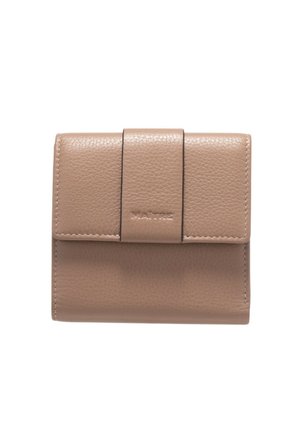 Beige leather wallet with a textured finish, featuring a front flap closure and embossed brand name, compact rectangular shape.