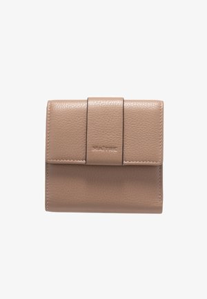 Beige leather wallet with a textured finish, featuring a front flap closure and embossed brand name, compact rectangular shape.