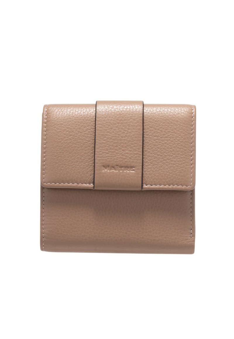 Beige leather wallet with a textured finish, featuring a front flap closure and embossed brand name, compact rectangular shape.