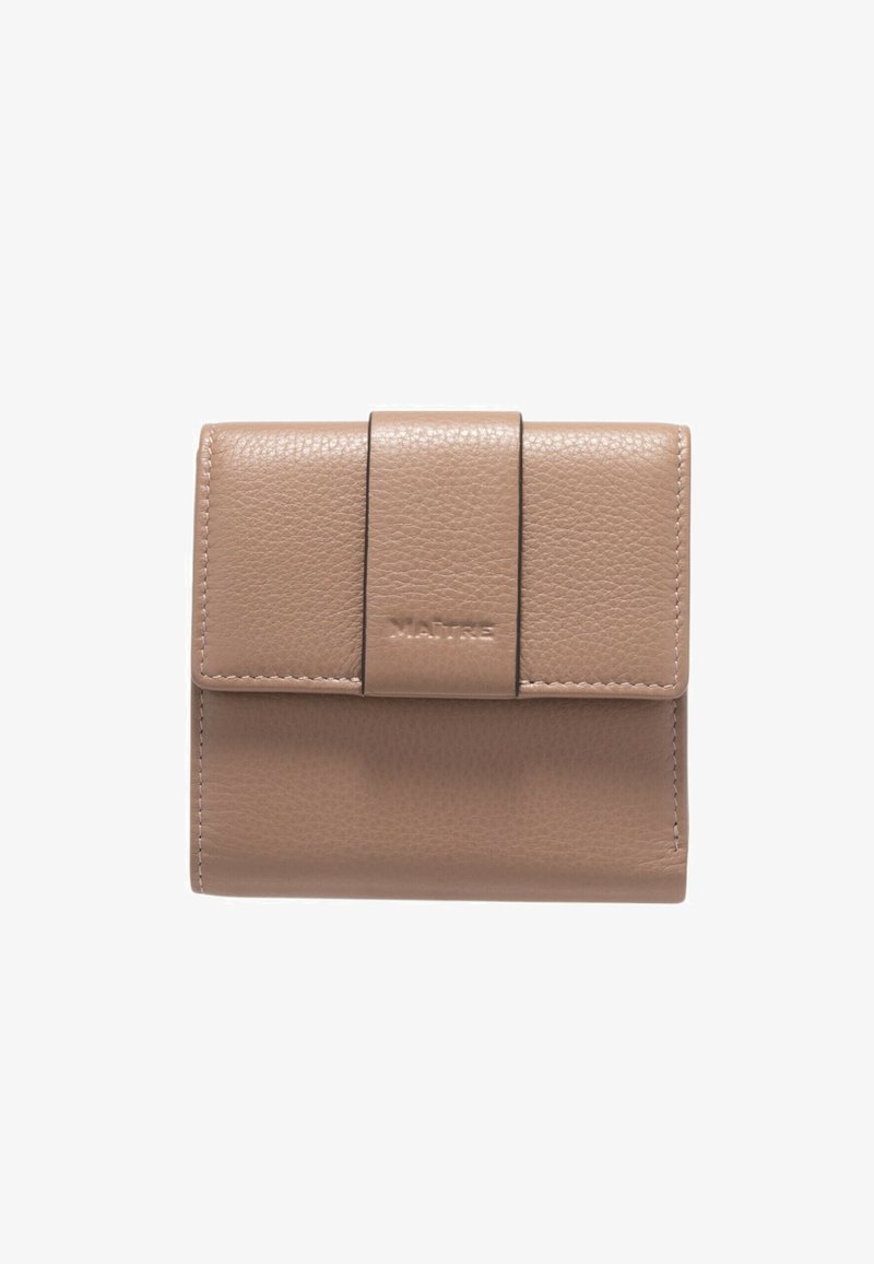 Beige leather wallet with a textured finish, featuring a front flap closure and embossed brand name, compact rectangular shape.