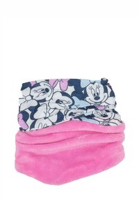 Scaldacollo multicolore con tessuto navy decorato con personaggi dei cartoni animati e materiale in peluche rosa. Texture morbida con un design piegato.
