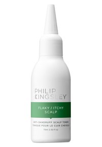 Weiße Flasche mit einer verjüngten Düse, versehen mit grauem Text "PHILIP KINGSLEY" und einem grünen Etikett mit der Aufschrift "SCHUPPIGE/ JUCKENDE KOPFHAUT." 75 ml.