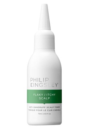 Weiße Flasche mit einer verjüngten Düse, versehen mit grauem Text "PHILIP KINGSLEY" und einem grünen Etikett mit der Aufschrift "SCHUPPIGE/ JUCKENDE KOPFHAUT." 75 ml.