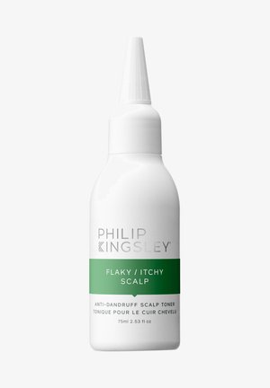 White bottle with a tapered nozzle, featuring gray text reading "PHILIP KINGSLEY" and a green label stating "FLAKY/ITCHY SCALP." 75ml.