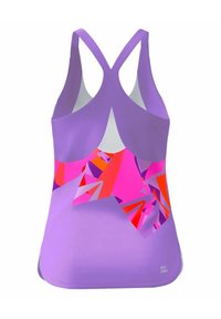 Top sportivo viola con design a schiena scoperta. La parte anteriore presenta un motivo astratto colorato nei toni del rosa, rosso e arancione.