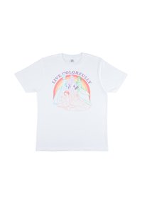 T-shirt en coton blanc présentant un graphique coloré de princesses avec le texte "VIVE EN COULEURS" en arc au-dessus du design.
