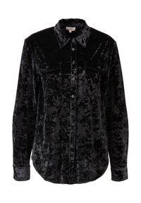 Camicia in velluto nero con colletto, bottoni davanti e due tasche sul petto. Presenta una texture morbida e una finitura leggermente lucida.