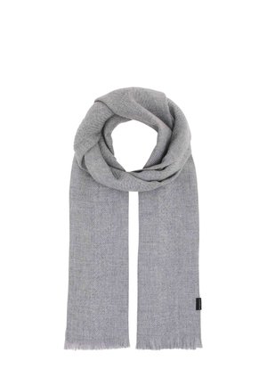 Light gray knitted scarf with subtle texture, fringed ends, and a small black label on one side, folded in a looped style.