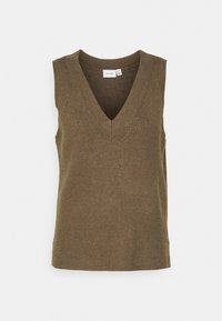 Olivgrön stickad ärmlös tröja med V-ringning och ribbad textur. Enkel design, inga mönster och rak skärning i nederkant.